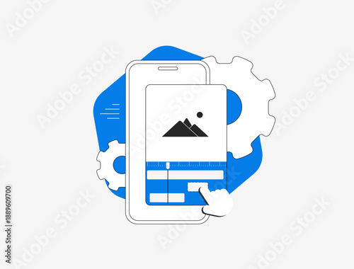 Mobile video editor for short reels clips on smartphone screen with finger tapping. Mobile video editor app enhancement technology digital content creation social media concept vector illustration
