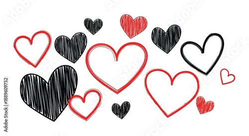A whimsical collection of hand drawn hearts in red and black showcases love affection and artistic expression high quality