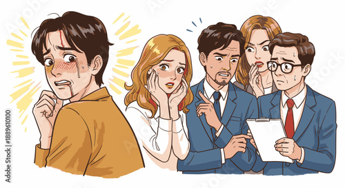 An injured young man feels isolated and ashamed as a group of business professionals observe his condition with a mix of concern and gossip.