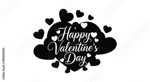 A decorative illustration displays the phrase happy valentine s day surrounded by numerous black heart shapes on a white background