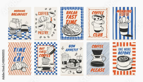 vintage postage stamps Coffee and Breakfast Poster Vector Set – Hand Drawn Cafe Menu Food and Drink Cards