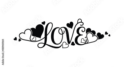 An artistic black and white depiction of the word love surrounded by various heart shapes and swirling designs