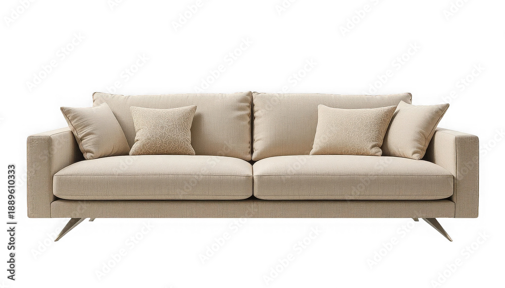 Fototapeta premium Elegant contemporary beige fabric sofa featuring plush throw pillows and modern metallic legs for luxurious living room furniture staging on transparent background
