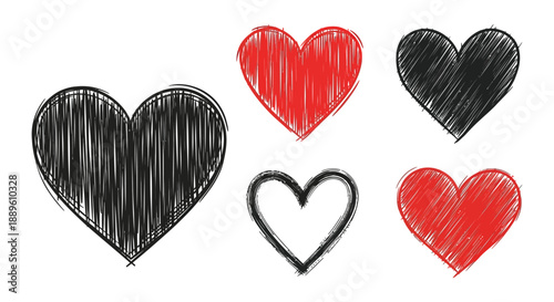 A collection of hand drawn hearts in red and black including one outline present a simple yet emotive artistic expression