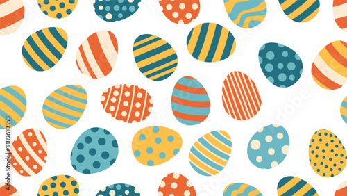 Vibrant easter holiday seamless pattern featuring colorful eggs decorated with various geometric patterns on white.
