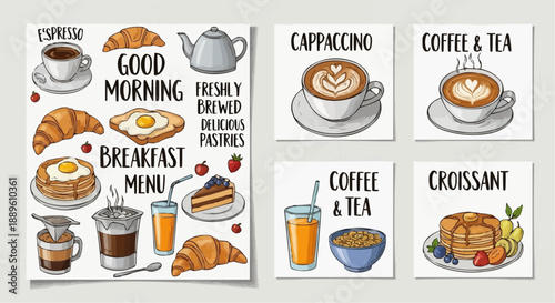 set of sushi Coffee and Breakfast Poster Vector Set – Hand Drawn Cafe Menu Food and Drink Cards