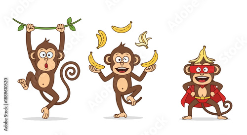 Playful monkey characters engaging in various banana themed activities
