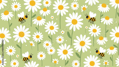 Happy spring season seamless pattern featuring white daisy flowers and busy bees on a soft green background.