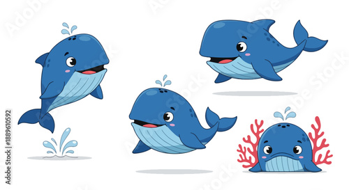 Adorable blue cartoon whales playfully swimming and spouting water