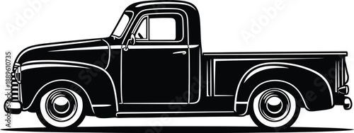 Canvas-taulu Classic black pickup truck in a retro side profile A monochrome vector illustration with whitewall tires