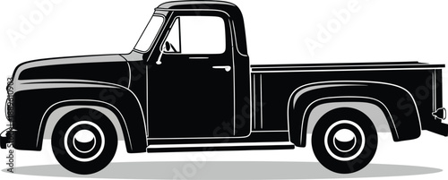 Canvas-taulu Classic black vintage pickup truck illustration in side profile with rounded fenders and whitewall tires