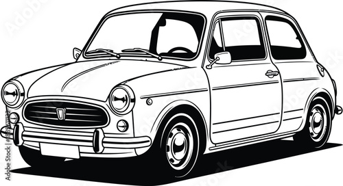 Classic European compact car illustration in a bold black and white line art style.