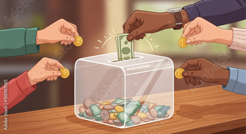 Hands donating money into a transparent donation box illustration.