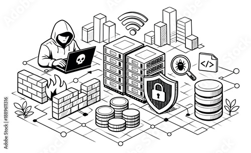 Hand drawn isometric line art illustration of a cyber security scene depicting a hacker, servers, and protective elements for digital data and network defense
