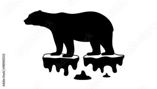 A black bear silhouette standing on melting ice blocks with a white background