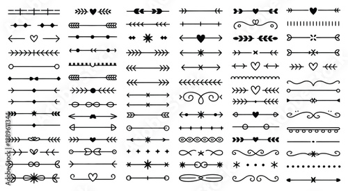 Decorative text divider set with hand drawn line ornaments vector  floral flourish borders, elegant page break symbols, and wedding invitation header elements for creative design projects.