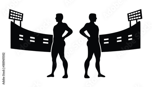 Two athletic silhouettes standing confidently in a stadium setting at night