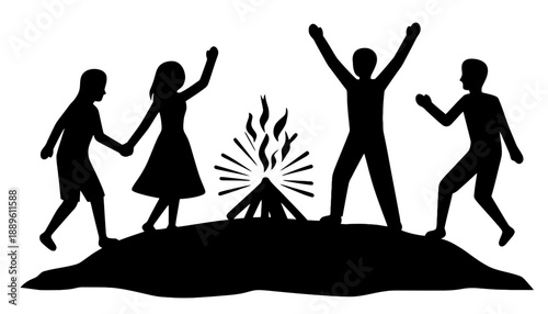 A group of friends dancing around a campfire at night