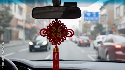 Red Chinese knot with prosperity text on car mirror
