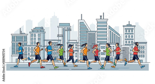 Group of people running marathon in city street with buildings background.