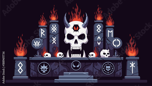 Occult Altar with Skull, Runes, and Flames