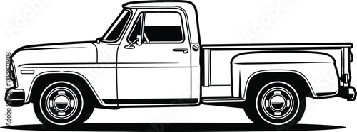 Classic vintage pickup truck in a detailed black and white line art illustration side profile view 1.