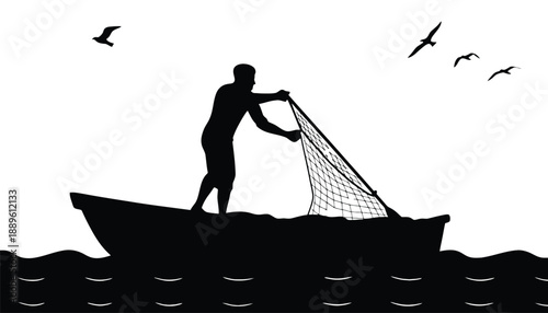 A silhouette of a man fishing on a boat in the ocean