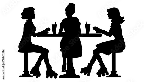 Three women in roller skates sitting at a table with drinks
