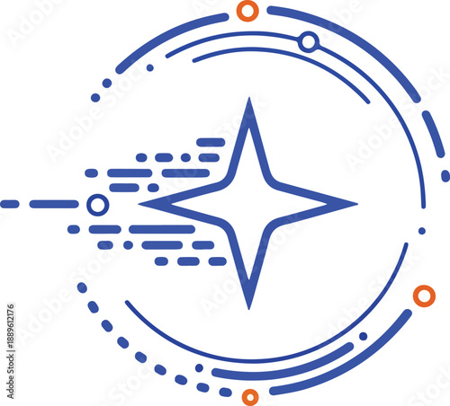 Stylized fourpointed star icon with motion lines and orbital arcs