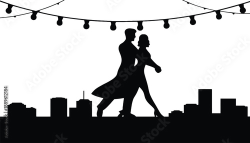 A romantic couple dancing under string lights in a cityscape at night