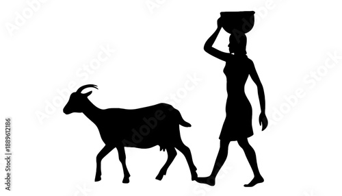 A woman walking with a goat carrying a bowl on her head