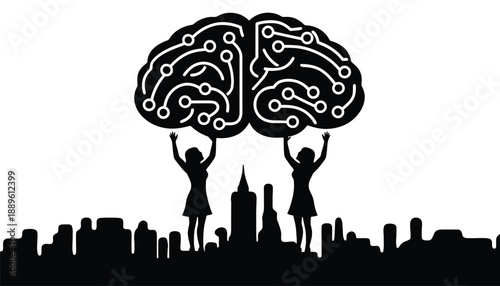 Two women holding up a circuit board brain above a city skyline
