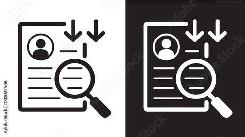 Resume Review with Magnifying Glass in Simple Line Art on Black and White Background for HR and Recruitment