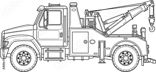Detailed black and white line art of a heavyduty tow truck with a crane side profile view.