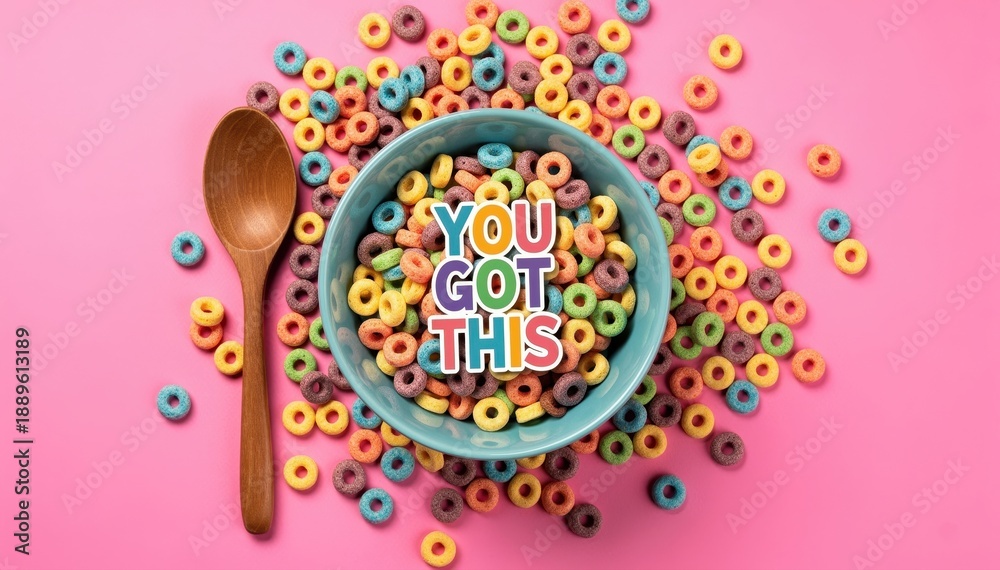 Fototapeta premium Breakfast Cheer: A vibrant, colorful bowl of cereal paired with a wooden spoon and an inspiring message, all set against a cheerful backdrop.