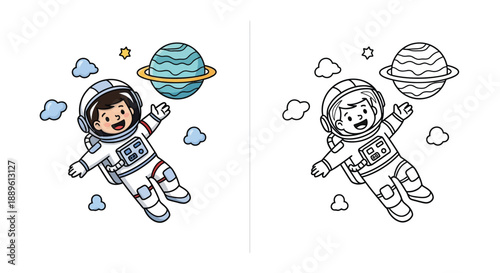 Cartoon Astronaut Kids Illustration Set in Color and Black White for Educational Print