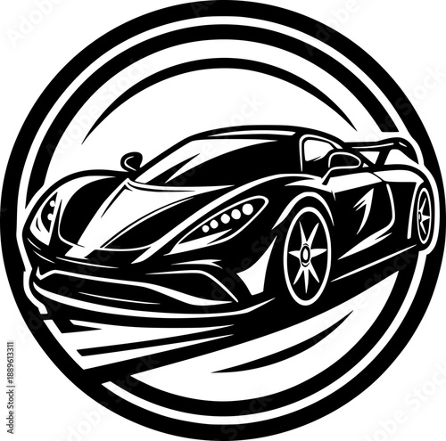 Minimalist black and white cartoon supercar vector icon with clean lines, no shading, isolated on white. Modern, scalable, and recognizable.