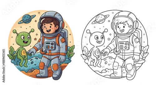 Cartoon Astronaut Meets Alien Friends in Space Coloring Page for Creative Fun Activity