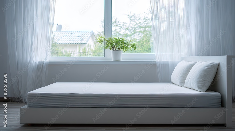 Fototapeta premium Bright and Minimalist Bedroom with White Bedding and Soft Greenery in a Cozy Space