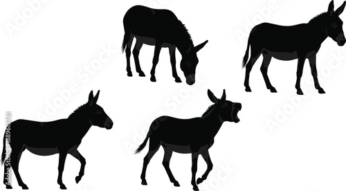 Detailed black donkey silhouettes vector illustration featuring animals in various natural poses grazing and walking on white background.