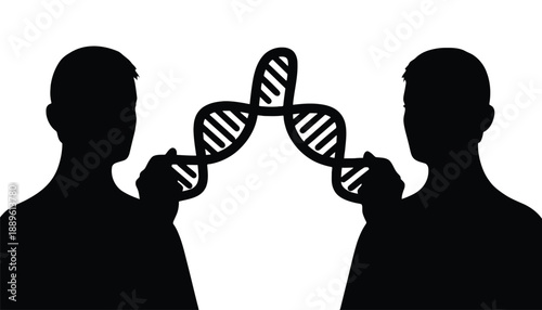 Two people holding a DNA double helix in a symbolic gesture