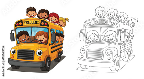 Children Riding a School Bus Coloring Page With Vibrant Colored Reference Version