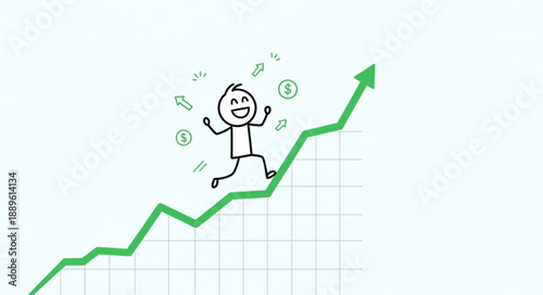 Happy stick figure running up a green financial graph with coins.