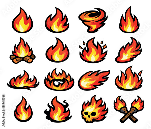 Comic style fire and flame icon set featuring various fire types and effects for games and graphic design