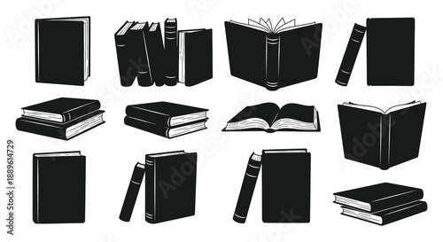 A collection of monochrome books depicted in various positions showcasing different angles and perspectives of literature high quality