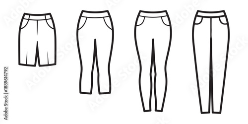 Clothing Lineup Shorts, Capris, Skinny Pants, Straight Leg Trousers.