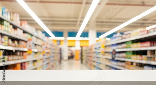 Blurred background of a brightly lit convenience store, foreground empty shelf or table for product placement	