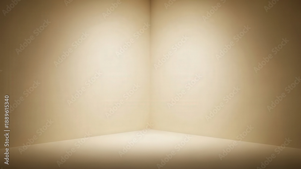 Fototapeta premium Empty corner room with soft lighting and beige walls, viewed from a slight angle, showcasing texture and subtle shadows on the floor.