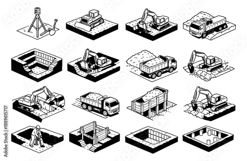 Isometric hand drawn line art construction set featuring excavation, earthworks, heavy machinery, and foundation development for building and civil engineering projects