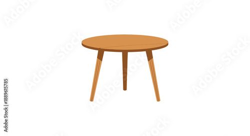 A simple round wooden table with three legs is prominently displayed against a plain white background showcasing its design